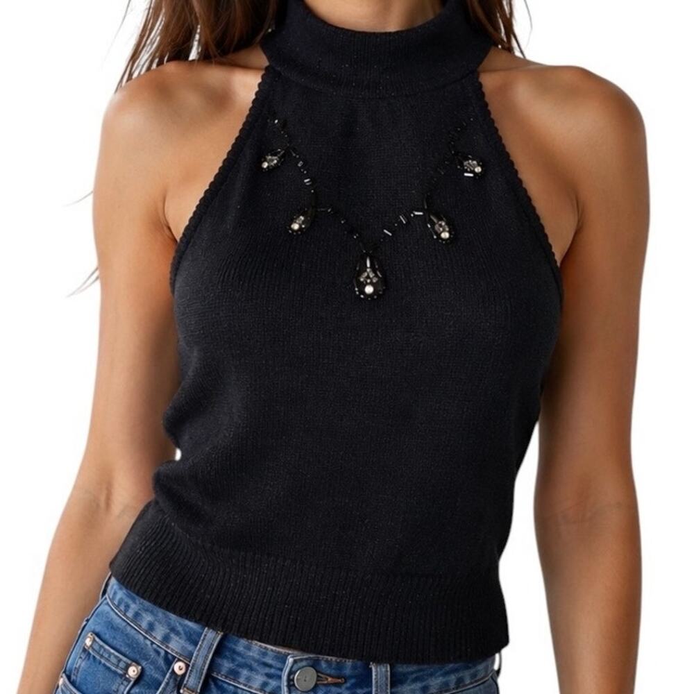 Y2K Gilnini Beaded Halter Style Knit Top Black Mock Neck‎ Women's Small
